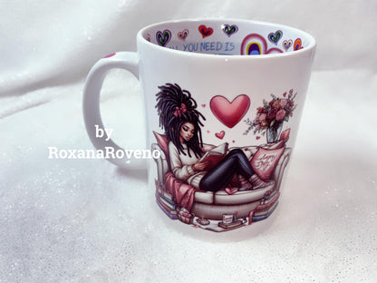 All Booked for Valentines, Girl reading on the sofa, 11oz Mug