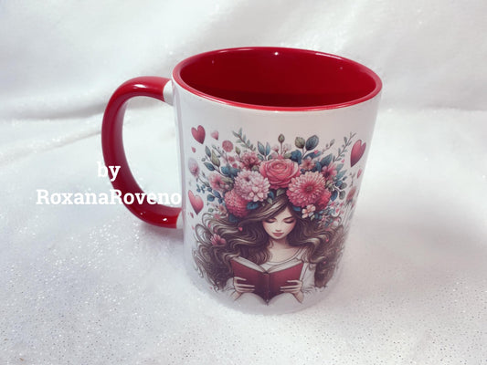 Girl with Flowers and Books, Valentine's Day, 11oz Mug