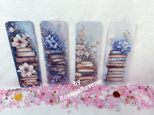 Stack of blue flowered books, 4 pieces Laminated Paper Bookmarks Set