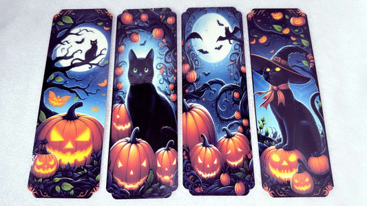 Pumpkin Halloween Black Cat, 4 Laminated Paper Bookmarks Set