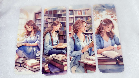 Girl at the Library, 4 Laminated Paper Bookmarks Set