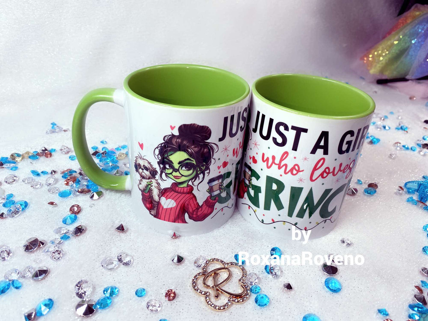 Green Girl With Dog and Coffee, 11oz Mug